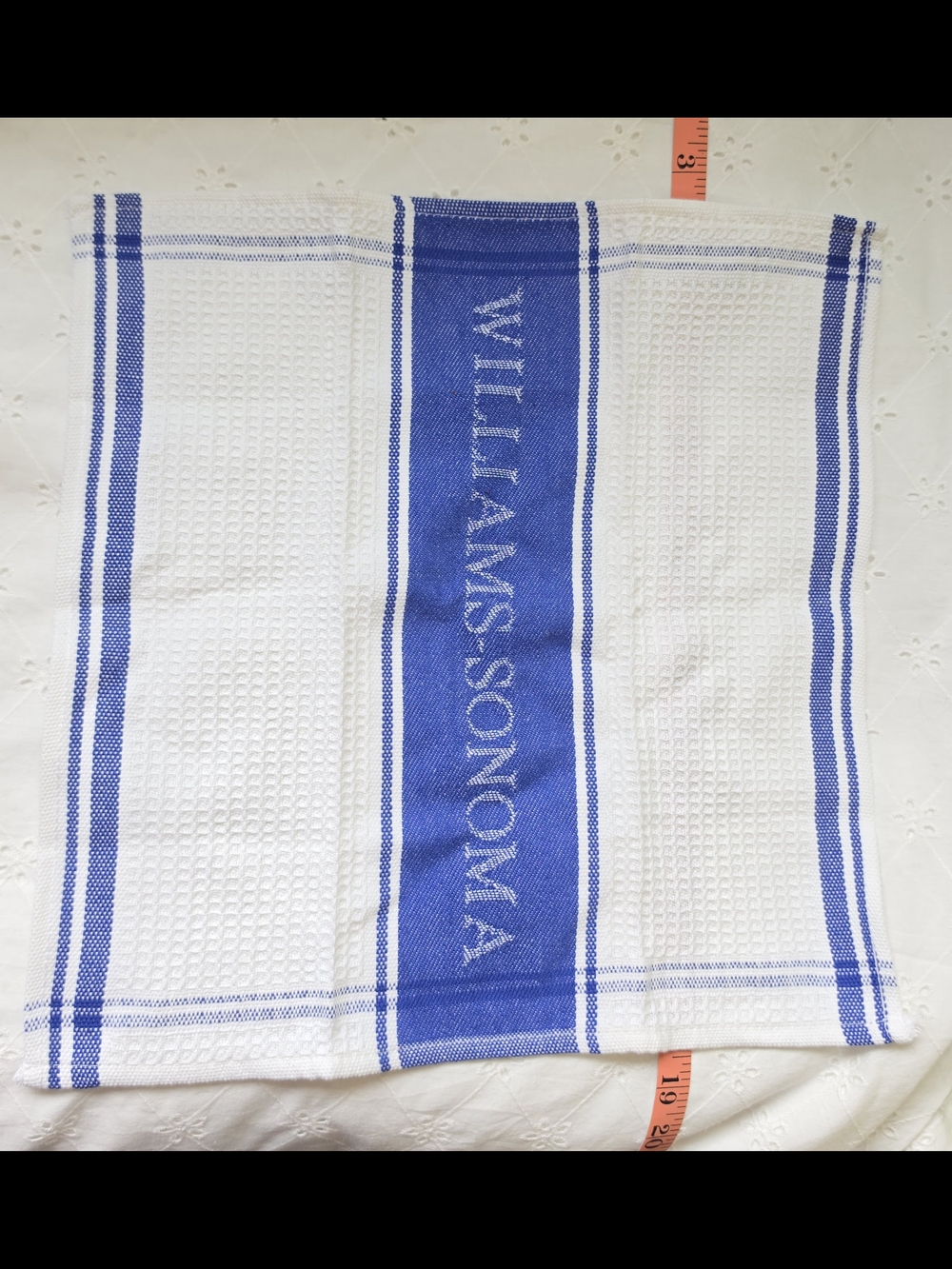 Williams Sonoma White and Blue Waffle-Weave Kitchen Towel